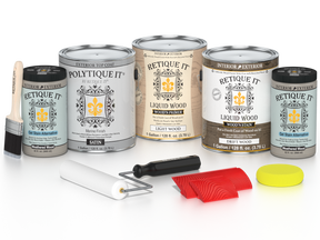 Retique It® Wood'n Finish Kit with four large driftwood exterior top coat containers, satin finish, for multi-purpose wood projects.