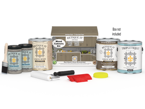 Retique It® Wood'n Cabinet Kit with 48 grained driftwood stain, featuring cabinet doors and stain application tools.