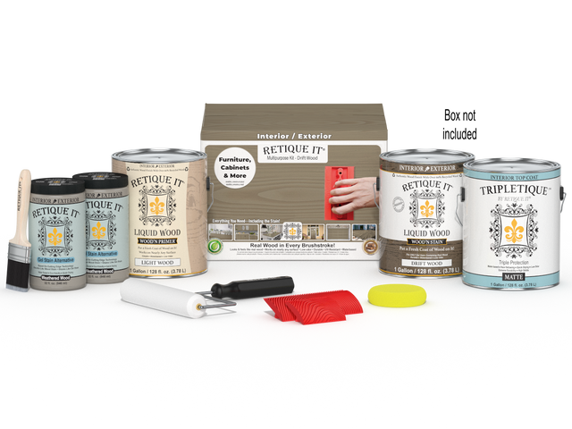 Retique It Wood'n Finish Kit with four large driftwood-colored interior top coat bottles and applicator tools.