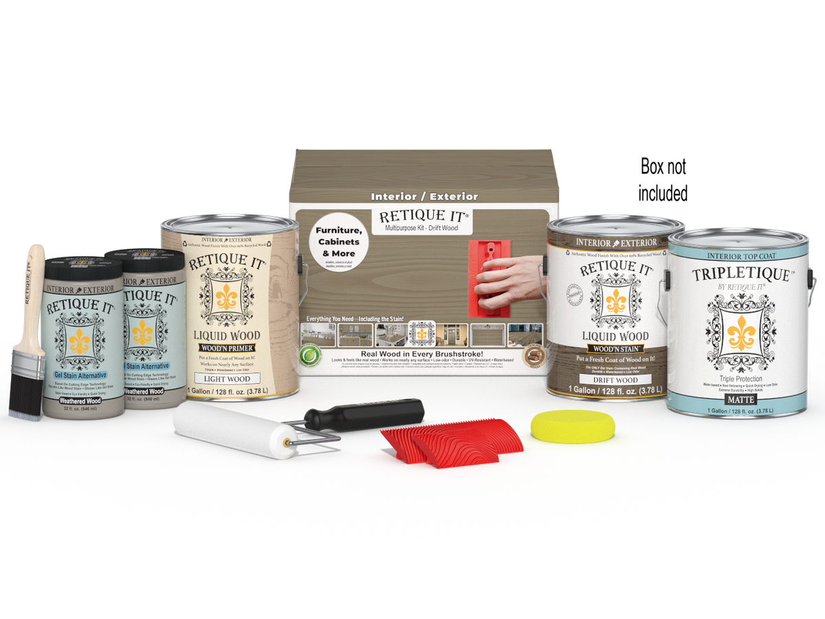 Retique It® Wood'n Kit with four large driftwood finish bottles, including interior top coat and application tools for wood projects.