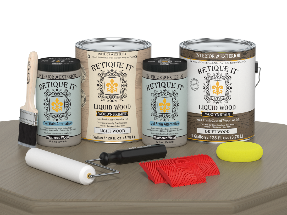 Retique It Wood'n Kit with four large driftwood finish bottles, shown on a wooden table for multi-purpose wood finishing.