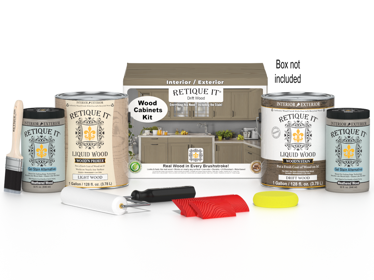 Retique It® Wood'n Cabinet Kit with 48 driftwood-grained stained cabinet doors, showcasing natural wood texture and finish.