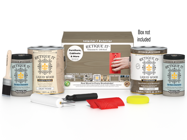 Retique It Wood'n Finish Kit with four large driftwood-inspired wood finishes in a natural wood-look for versatile projects.