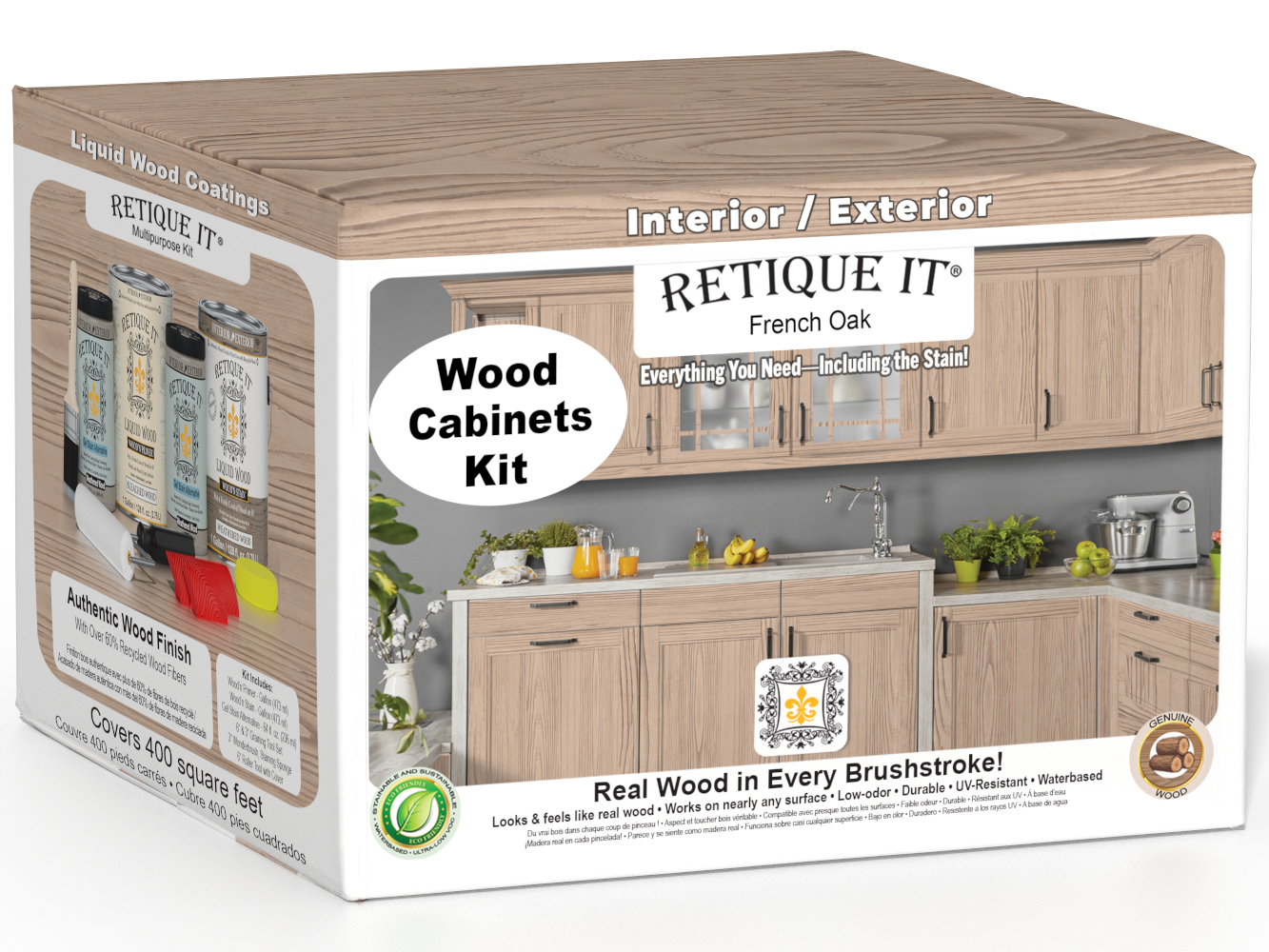 Retique It Wood'n Cabinet Kit with French Oak stain, featuring 48 grained cabinet doors and wood stain finish.