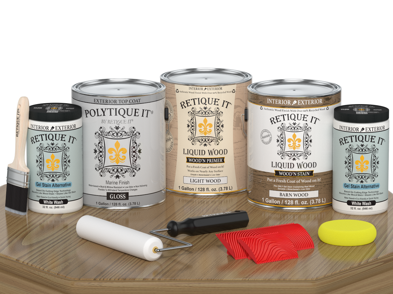 Retique It® Wood'n Kit French Oak exterior top coat set with four large containers, glossy finish, for wood projects.