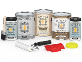 Retique It® Wood'n Finish Kit French Oak exterior top coat with four large matte wood finish bottles in a plate format.