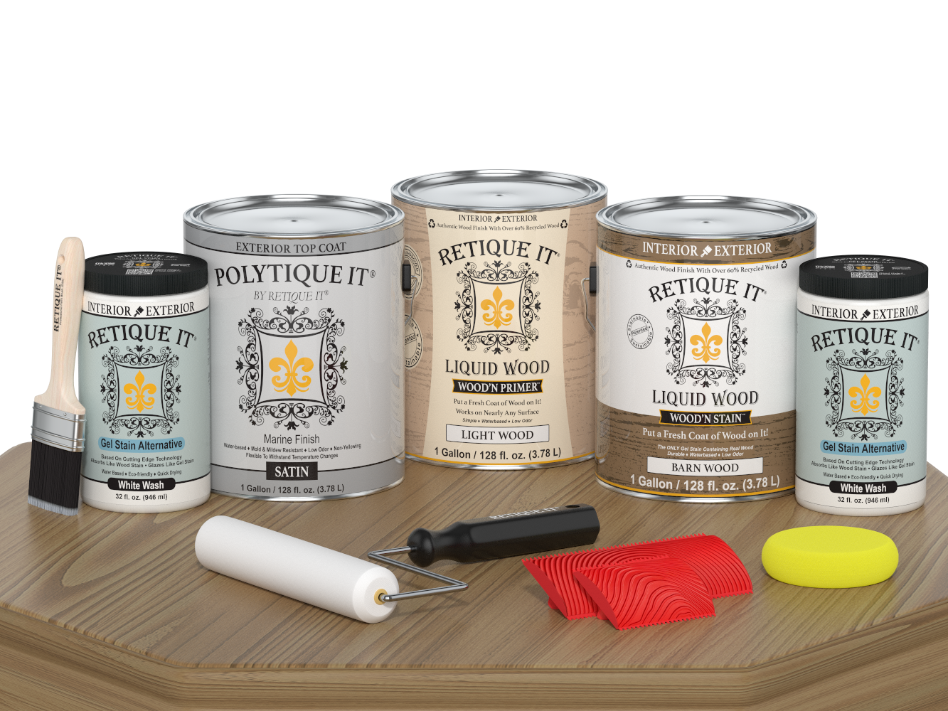Retique It® Wood'n Finish Kit in French Oak, large size, satin exterior top coat applied to wood surface with a paint palette.
