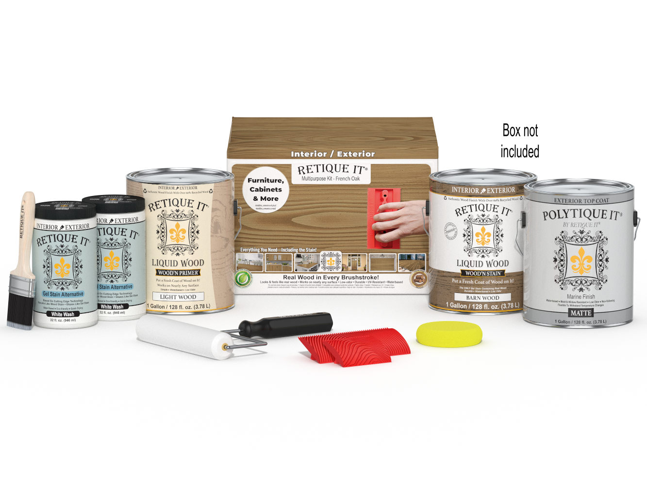 Retique It® Wood'n Kit French Oak exterior top coat set with four large wood finish applicators and packaging.