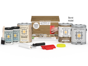 Retique It® Wood'n Kit French Oak exterior top coat set with four large wood finish applicators and packaging.