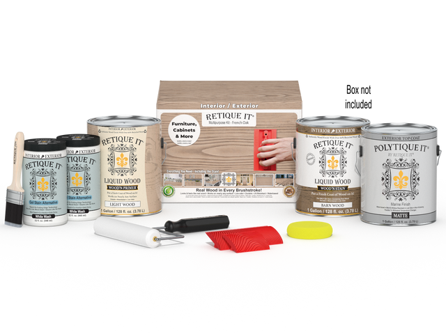 Retique It Wood'n Finish Kit in French Oak, large size, with exterior top coat and applicator tools in a box.