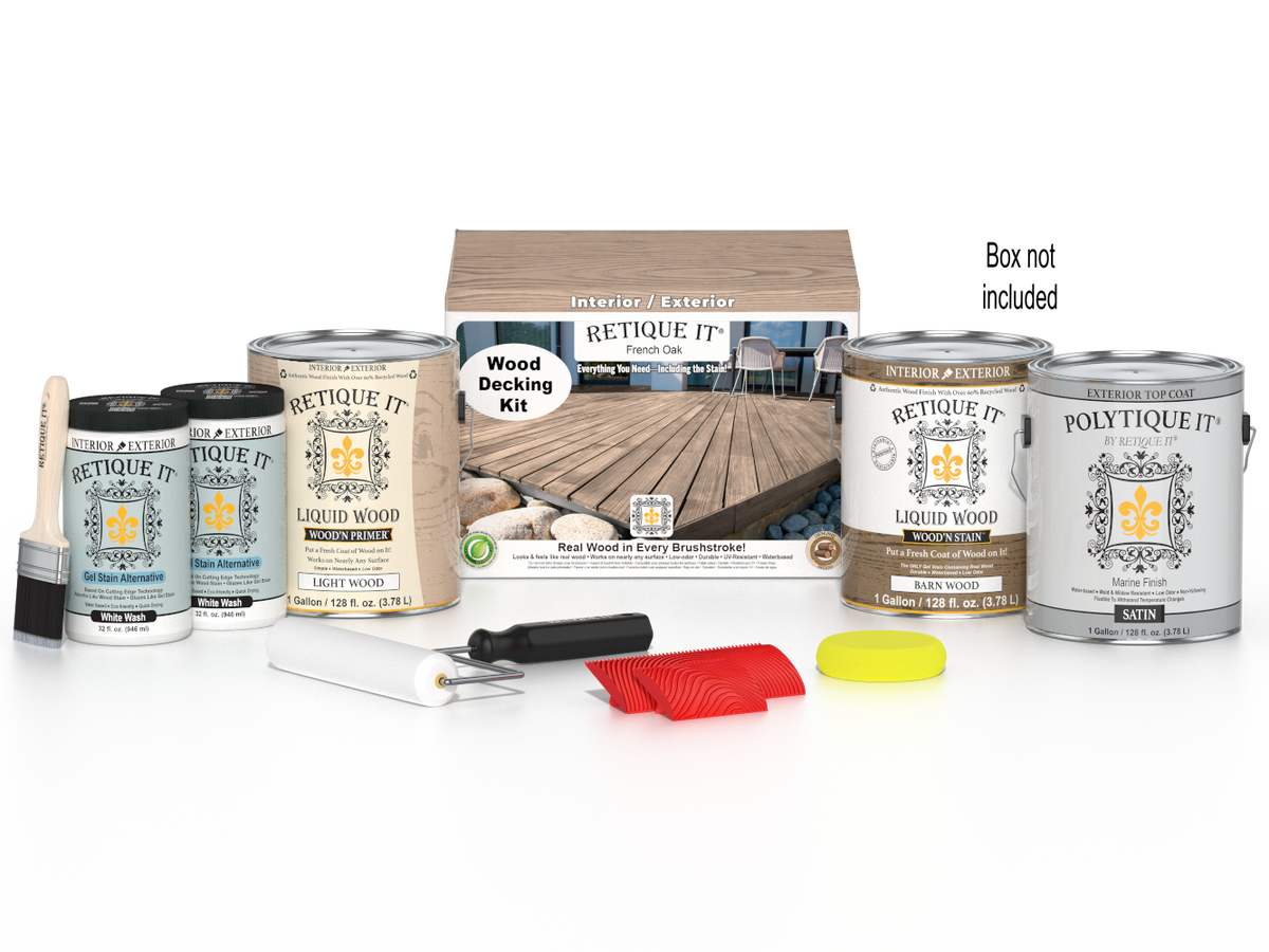 Retique It French Oak Decking Wood'n Kit with stain, featuring wood planks and staining tools for outdoor decking projects.