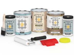 Retique It® Wood'n Kit French Oak interior top coat set with four large matte finish bottles for wood finishing projects.