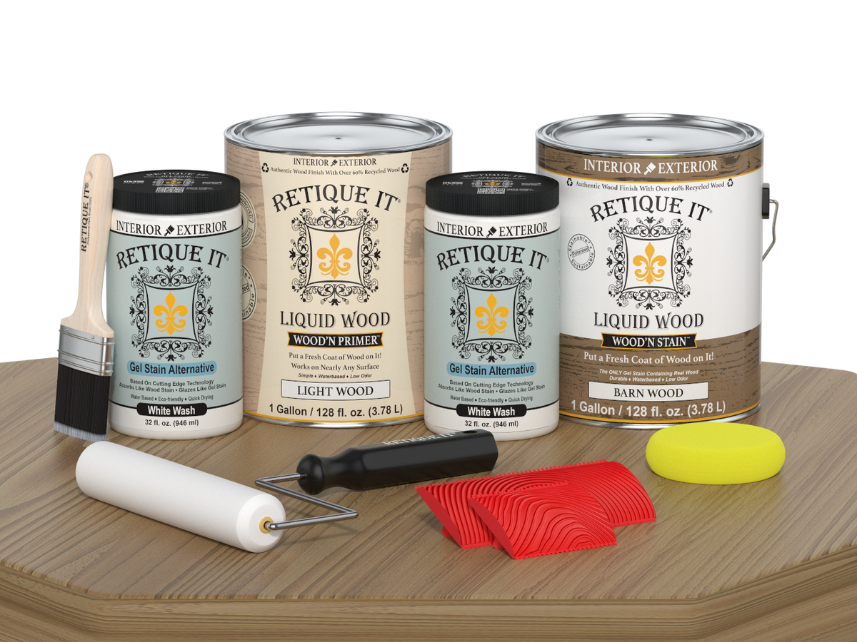 Retique It® Wood'n Cabinet Kit with French Oak stain showing a cabinet door with wood grain finish and natural wood texture.