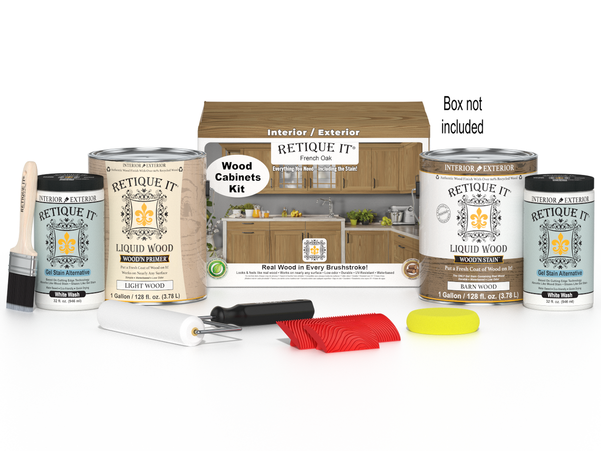 Retique It® Wood'n Cabinet Kit in French Oak stain with 48 grained cabinet doors and matching stain box for wood cabinetry.
