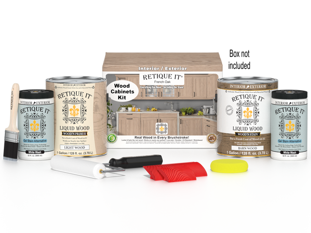 Retique It Wood'n Cabinet Kit with 48 grained French Oak stain, showing cabinet doors and stain application for wood furniture.