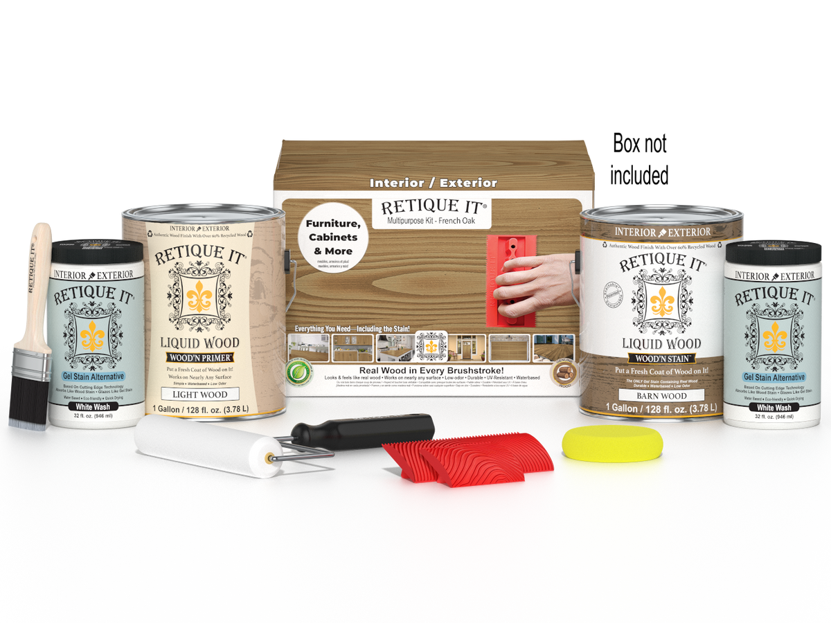 Retique It® Wood'n Kit French Oak finish with four large wood stain and finish bottles in a box, designed for multi-purpose wood projects.