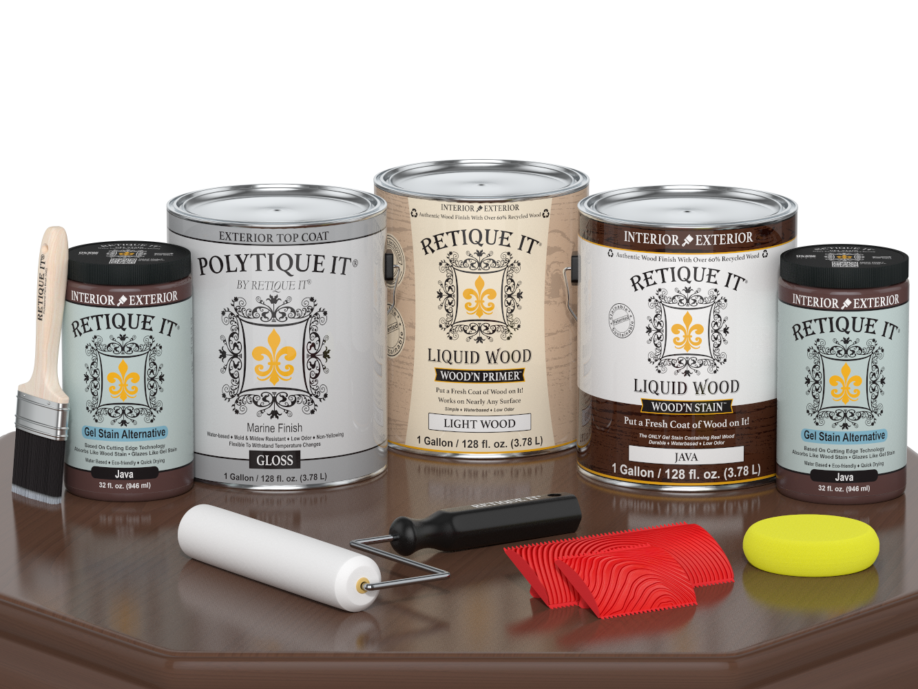 Retique It® Wood'n Finish Kit Java for exterior wood, showing four large grained wood coating containers for decking projects.