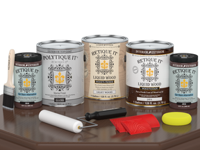 Retique It® Wood'n Finish Kit Java for exterior wood, showing four large grained wood coating containers for decking projects.