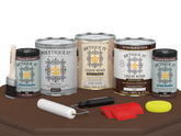 Retique It® Wood'n Finish Kit Java for exterior wood projects, includes four large top coat containers with application tools.