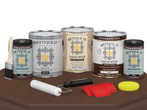 Retique It® Wood'n Finish Kit Java for exterior wood projects, includes four large top coat containers with application tools.