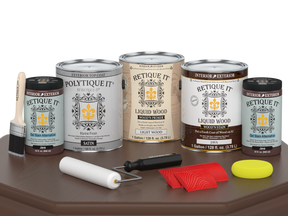 Swatch of Retique It® Wood'n Finish Kits in Java, showcasing four large sample finishes on wood surfaces.
