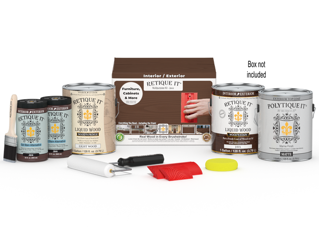 Retique It Wood'n Finish Kit Java exterior top coat with four large containers and applicator tools in a box.
