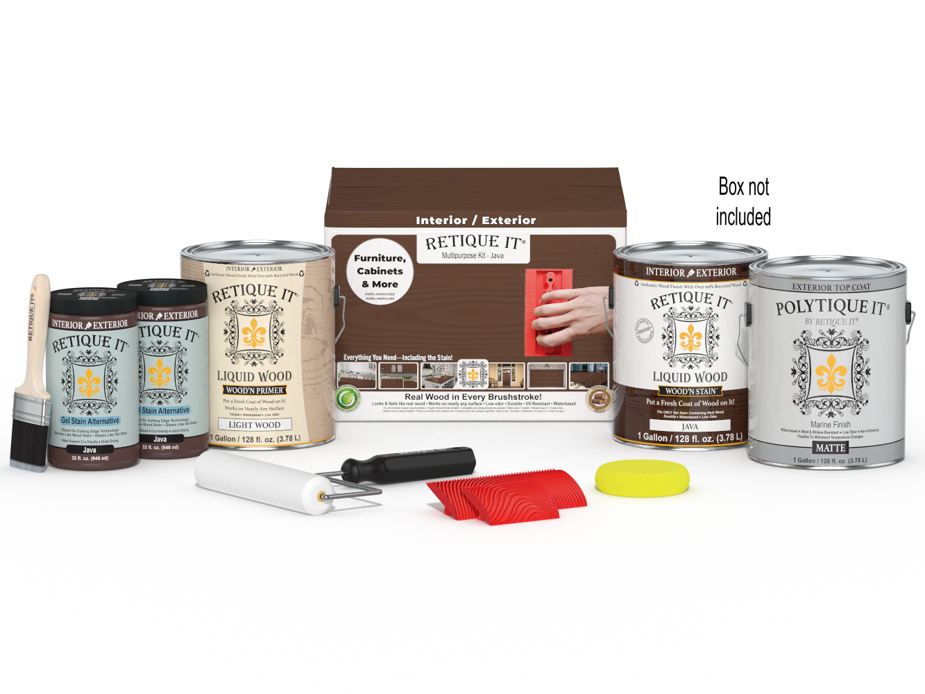 Retique It® Wood'n Finish Kit Java for exterior wood projects, includes four large top coat containers with application tools.