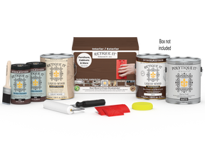 Retique It® Wood'n Finish Kit Java for exterior wood projects, includes four large top coat containers with application tools.