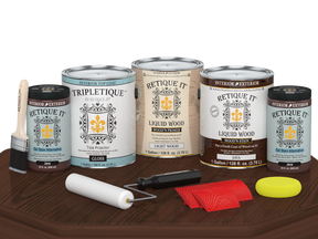 Retique It® Wood'n Cabinet Kit Java stain with 48 grained cabinet doors, glossy finish, displayed on a table.
