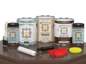 Retique It® Wood'n Kit Java finish for interior wood, includes four large multi-purpose wood finishing bottles with wood grain details.