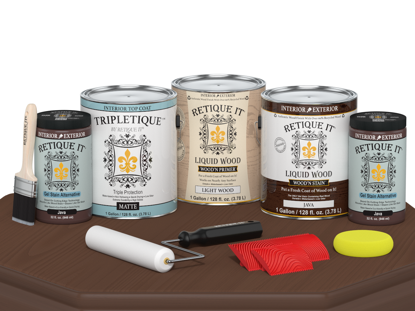 Retique It® Wood'n Finish Kit Java with four large interior top coat bottles and application tools, designed for wood finishing projects.