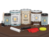 Retique It® Wood'n Finish Kit Java with four large interior top coat bottles and application tools, designed for wood finishing projects.