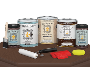 Retique It® Wood'n Finish Kit Java with four large interior top coat bottles and application tools, designed for wood finishing projects.
