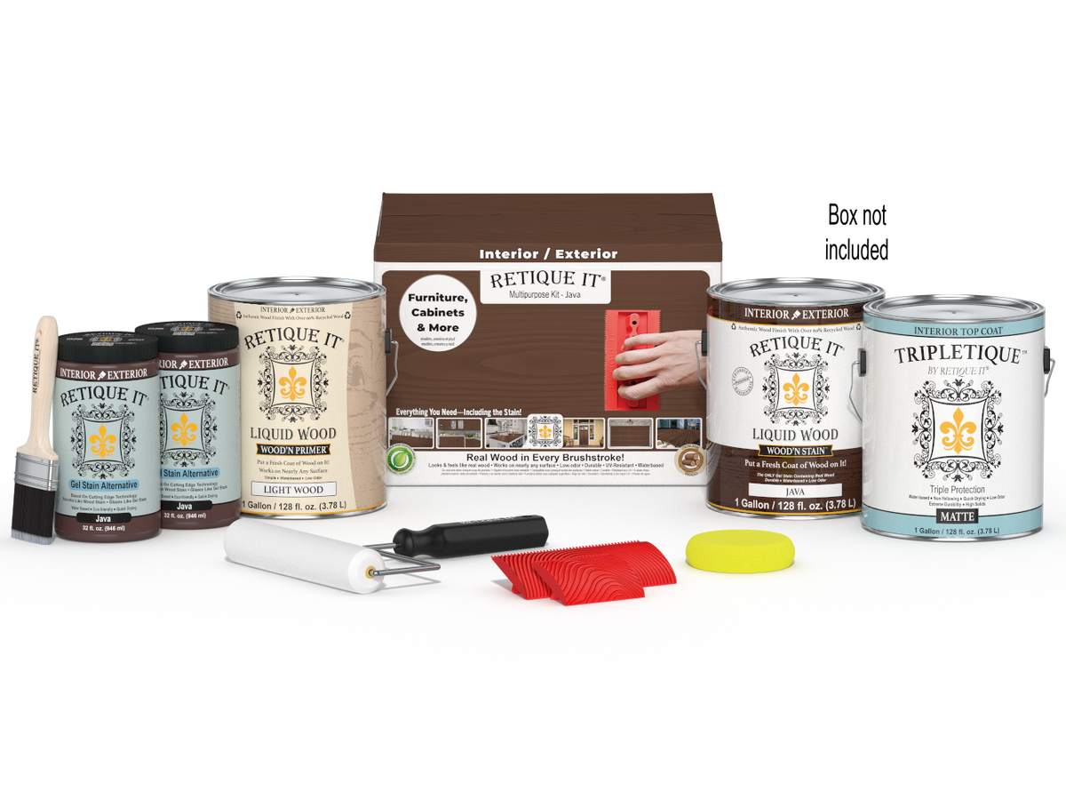 Retique It® Wood'n Kit Java interior top coat set with four large finish containers and applicator box for wood finishing projects.