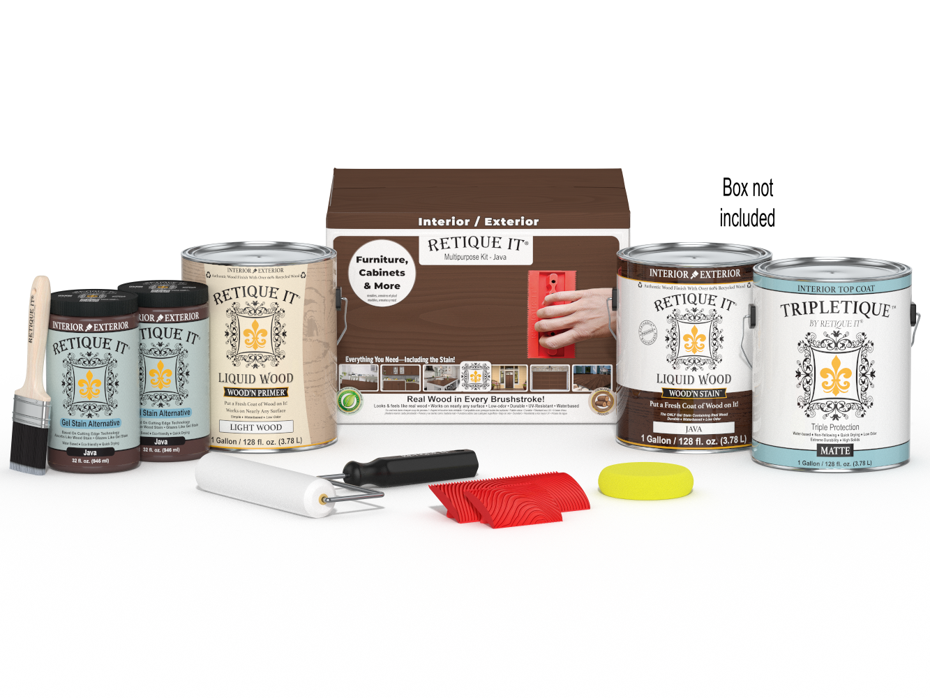 Retique It® Wood'n Finish Kit Java with four large interior top coat bottles and application tools, designed for wood finishing projects.