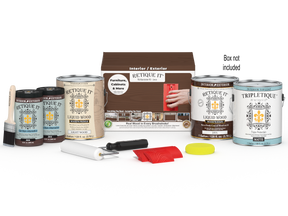 Retique It® Wood'n Finish Kit Java with four large interior top coat bottles and application tools, designed for wood finishing projects.