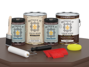 Retique It® Wood'n Finish Kit in Red Mahogany for wood refinishing, shown with a table application and multiple large bottles.