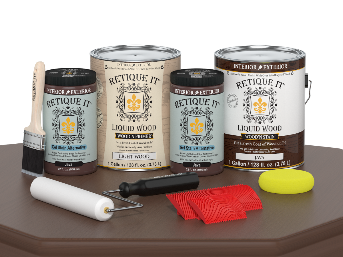 Retique It® Wood'n Cabinet Kit Java stain with 48 grained cabinet doors and wood grain texture, ideal for kitchen or bathroom cabinetry.