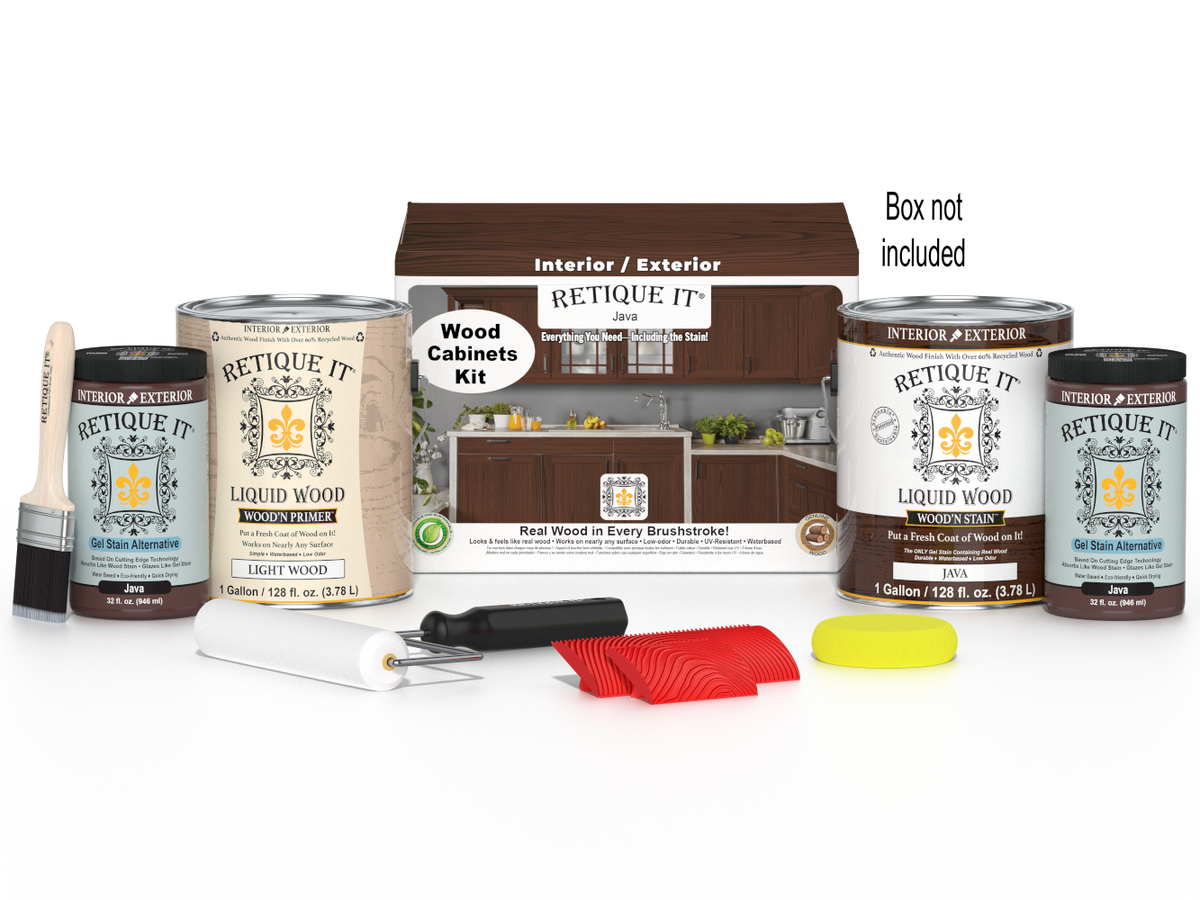 Retique It® Wood'n Cabinet Kit in Java stain with 48 grained cabinet doors, showcasing natural wood grain and rich Java color.