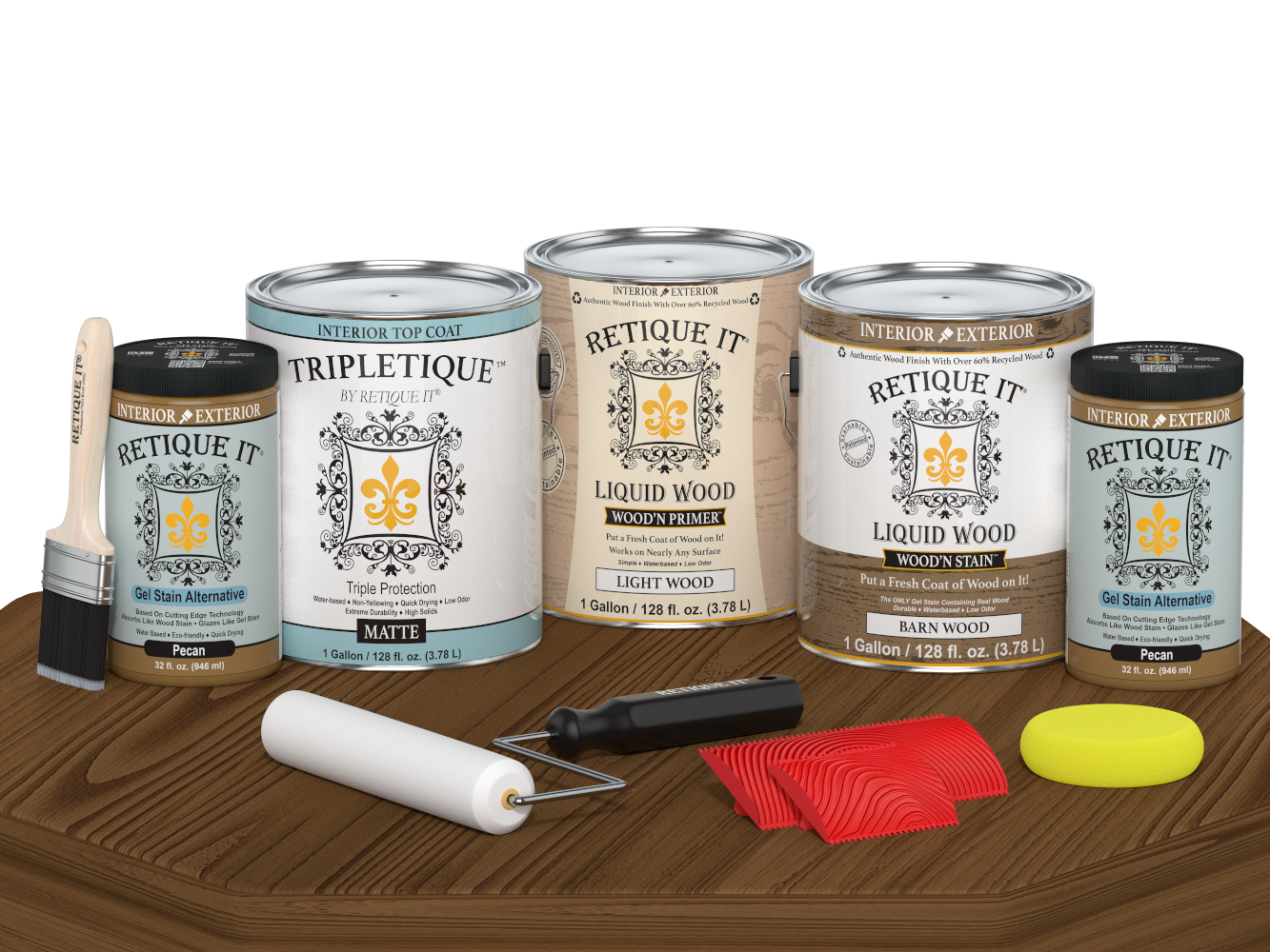 Retique It® Wood'n Finish Kit in Modern Walnut with matte topcoat, showing four large wood finishing bottles on a table.