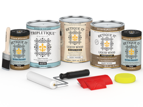 Retique It® Wood'n Finish Kit in Modern Walnut with matte topcoat, includes four large wood finishing products for interior use.