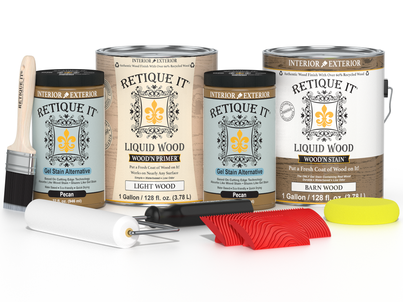 Retique It® Modern Walnut Wood Kit with gallon primer and stain, gel stains, brush, roller, yellow sponge, and red graining tools.