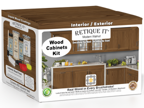 Retique It® Modern Walnut Wood Cabinets Kit packaging featuring rich wood-look kitchen cabinets.
