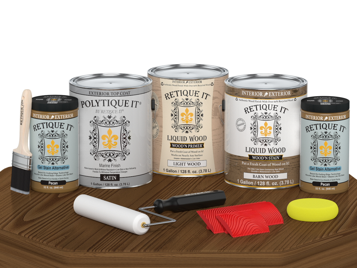 Retique It® Modern Walnut Wood Kit with gallon primer, stain, satin topcoat, gel stains, brush, roller, yellow sponge, and red graining tools.