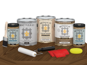 Retique It® Modern Walnut Wood Kit with gallon primer, stain, satin topcoat, gel stains, brush, roller, yellow sponge, and red graining tools.