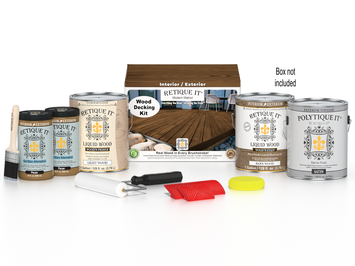 Retique It® Modern Walnut Wood Decking Kit with primer, stain, brush, roller, yellow sponge, red graining tools, and packaging.