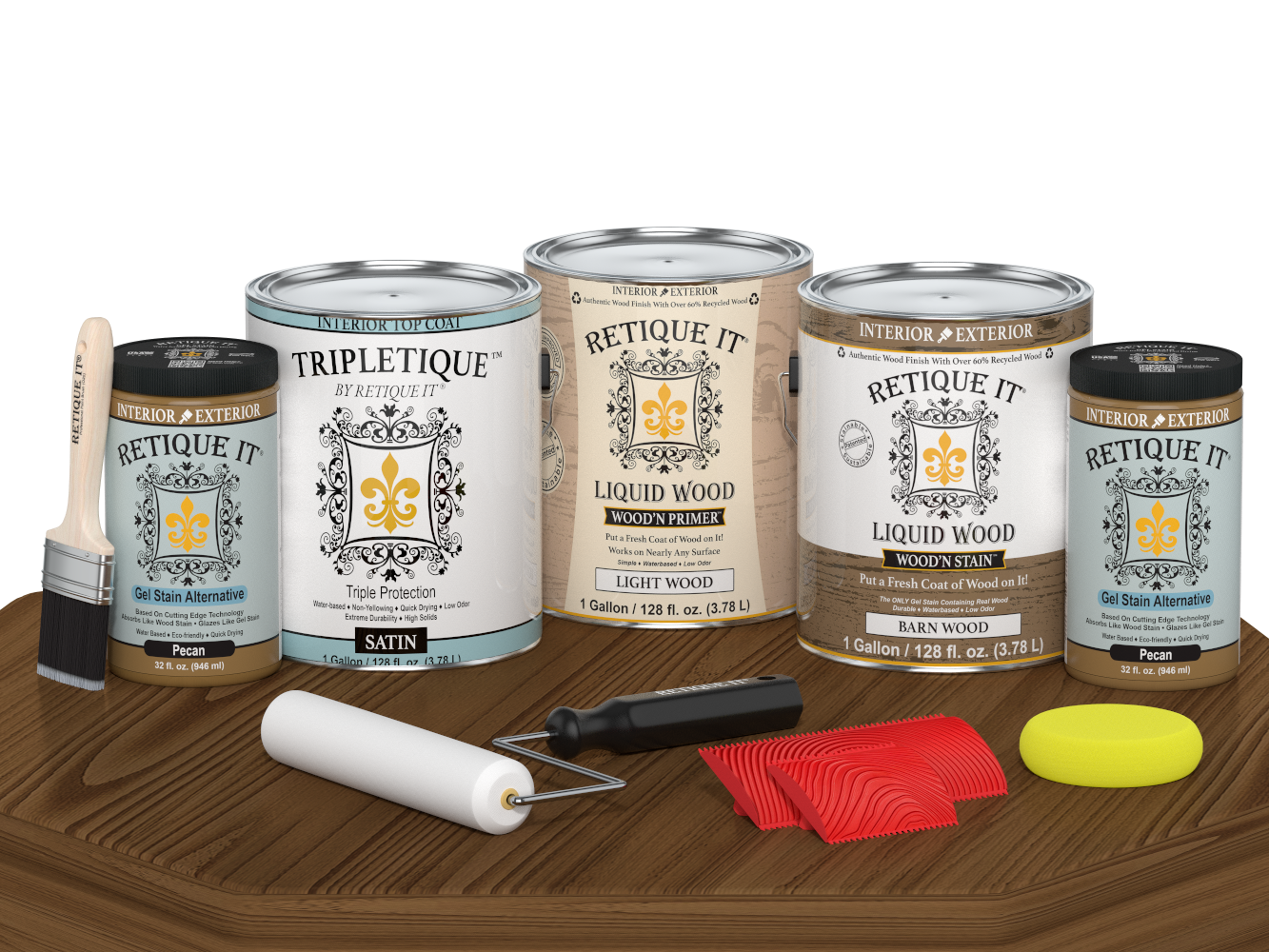 Retique It® Modern Walnut Wood Kit with gallon primer, stain, satin topcoat, gel stains, brush, roller, yellow sponge, and red graining tools.