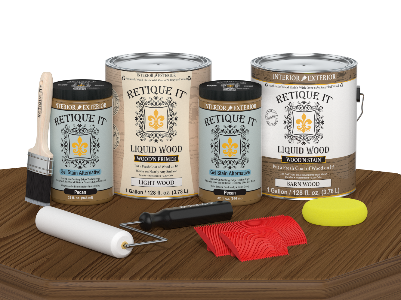 Retique It® Modern Walnut Wood Kit with gallon primer and stain, gel stains, brush, roller, yellow sponge, and red graining tools.