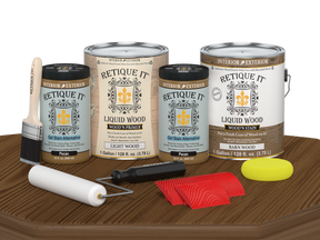 Retique It® Modern Walnut Wood Kit with gallon primer and stain, gel stains, brush, roller, yellow sponge, and red graining tools.
