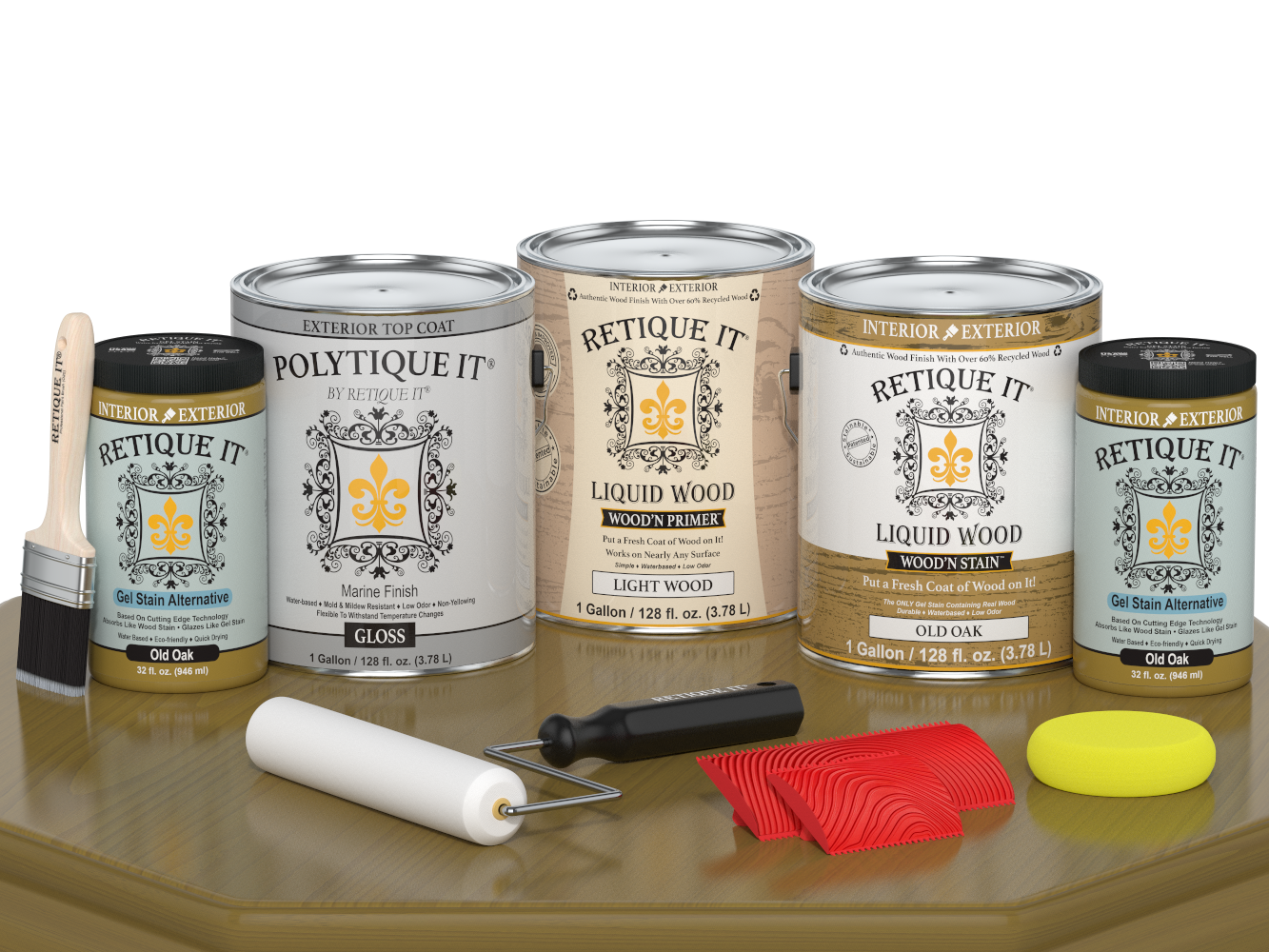 Retique It® Wood'n Finish Kit in Old Oak, 4-piece exterior top coat set for wood surfaces, glossy finish on a table.
